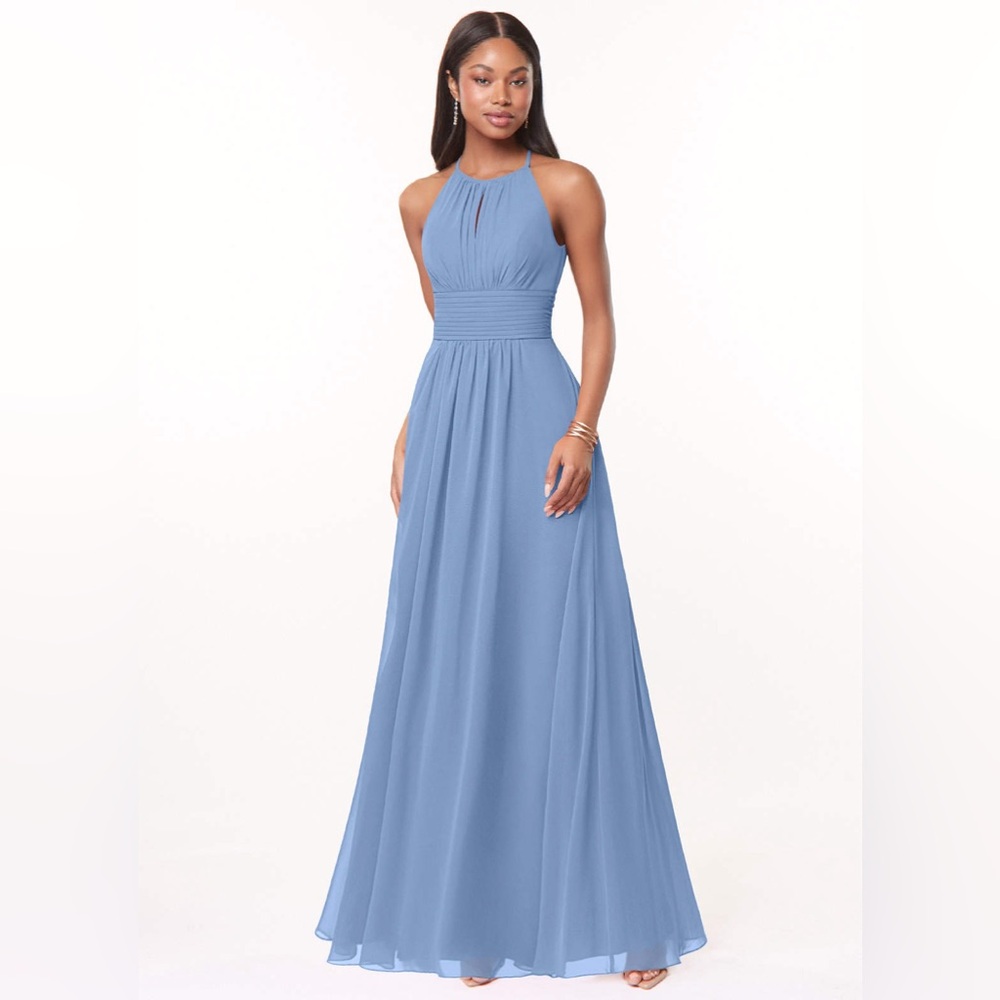 NWT AZAZIE Bonnie A-Line Keyhole Ruched Chiffon Floor-Length Dress Steel Blue 12